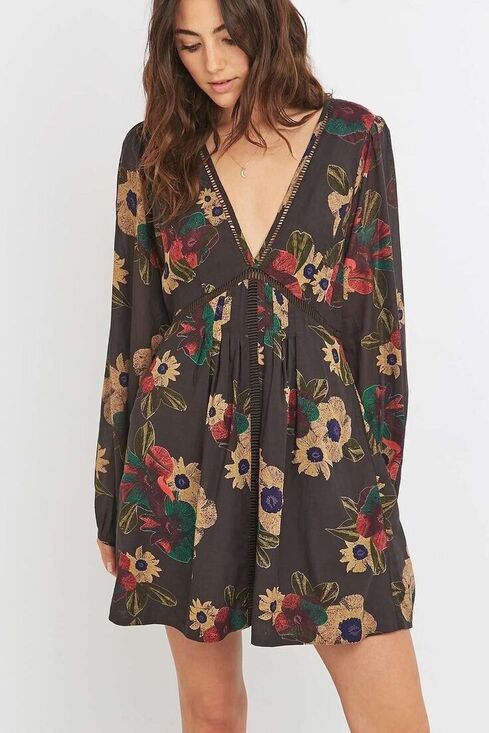 Free People Dresses & Skirts - Free People Strawberry Fields Brown Floral Long Sleeve Tunic Mini Dress
